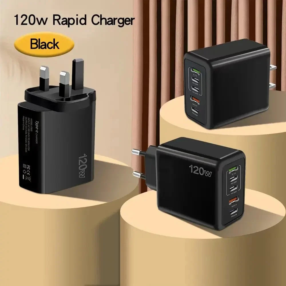 شاحن USB إجمالي 120 وات بخمسة منافذ من النوع C شحن سريع محول جداري للهاتف المحمول بمقبس الاتحاد الأوروبي/الولايات المتحدة/المملكة المتحدة لهواتف iPhone 15 وSamsung وXiaomi وHuawei 