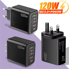 شاحن USB إجمالي 120 وات بخمسة منافذ من النوع C شحن سريع محول جداري للهاتف المحمول بمقبس الاتحاد الأوروبي/الولايات المتحدة/المملكة المتحدة لهواتف iPhone 15 وSamsung وXiaomi وHuawei 